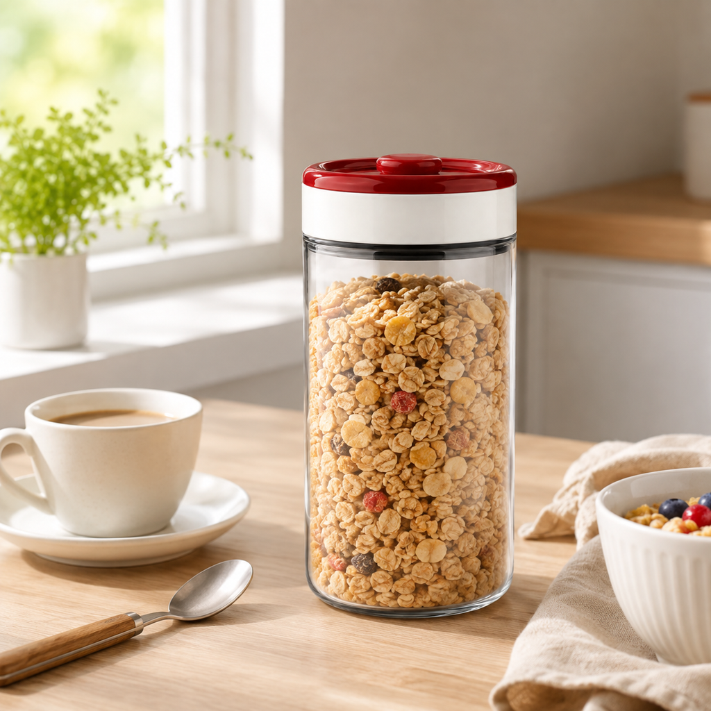 🫙 Vacuum Canister | Glass Kitchen Home-Cooks | Airtight Crimson Clarity