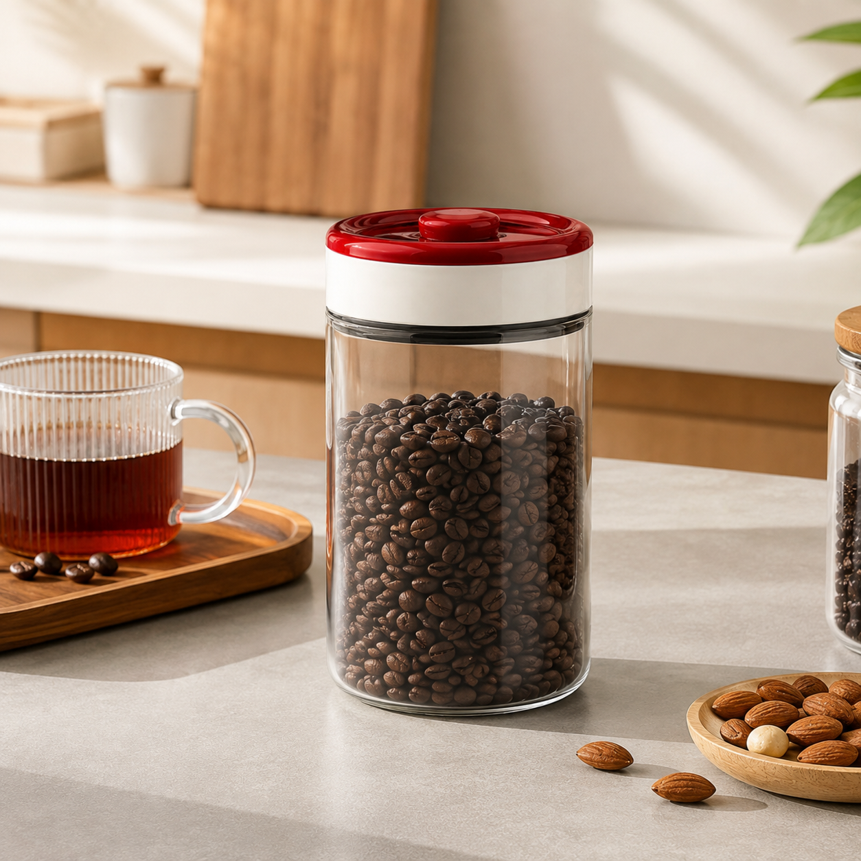🫙 Vacuum Canister | Glass Kitchen Home-Cooks | Airtight Crimson Clarity