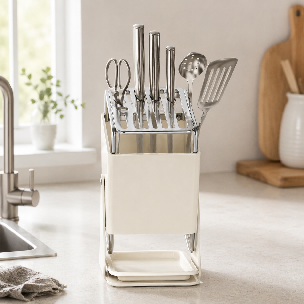 🔪 Knife Organizer | Metal Kitchen Home-Cooks | Cream Space-Saving Design