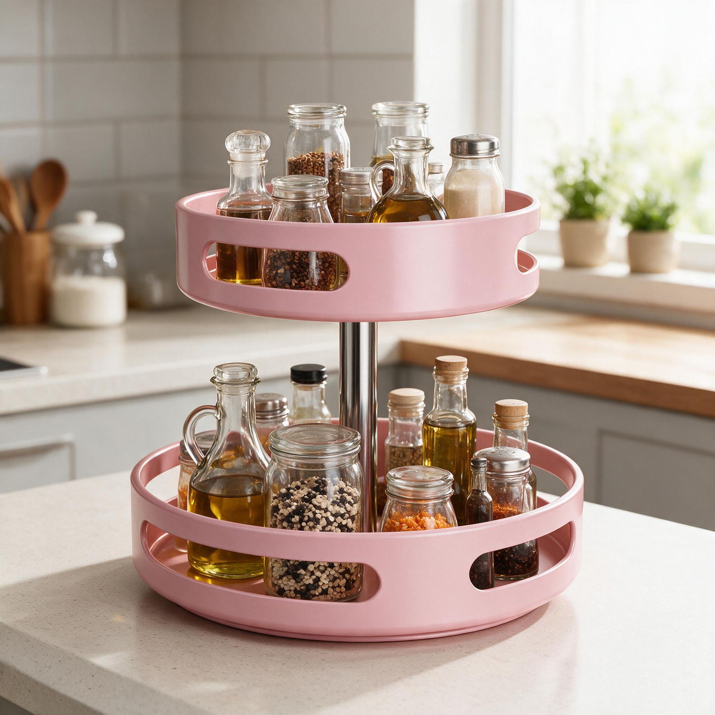🎀 Rotating Organizer | Metal-Accent Kitchen Bakers | Blush Pink Charm