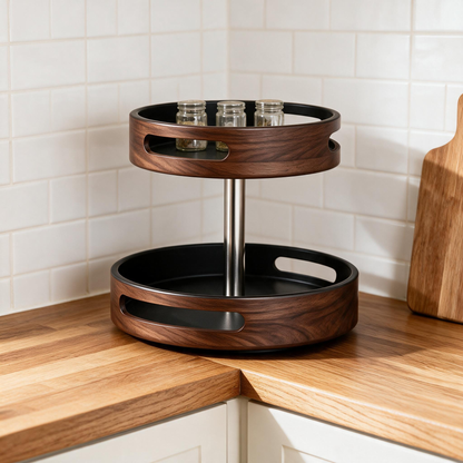 🪵 Spice Organizer | Walnut-Look Kitchen Cooks | Rotating Woodgrain Elegance