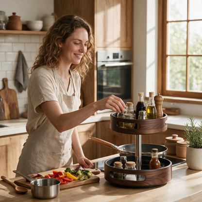 🪵 Spice Organizer | Walnut-Look Kitchen Cooks | Rotating Woodgrain Elegance