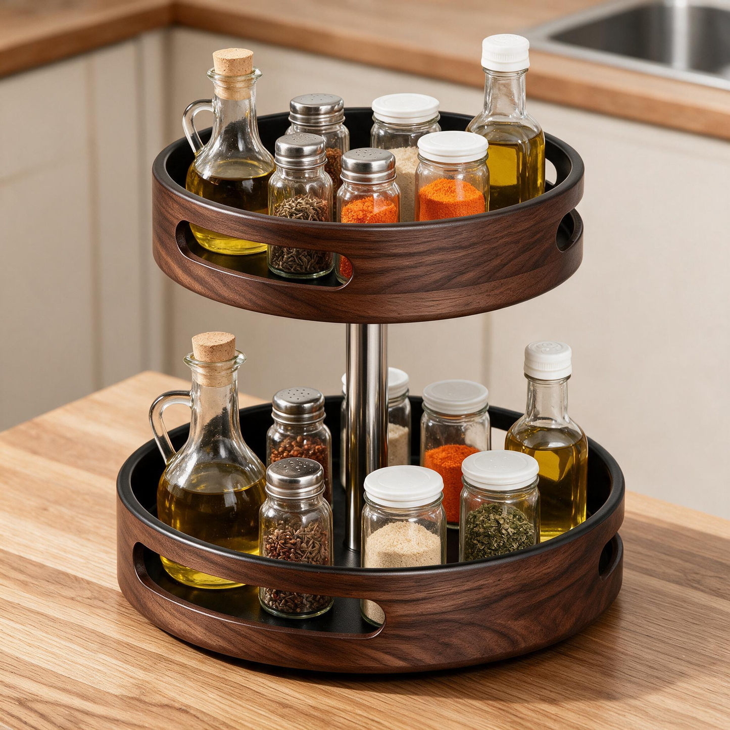 🪵 Spice Organizer | Walnut-Look Kitchen Cooks | Rotating Woodgrain Elegance