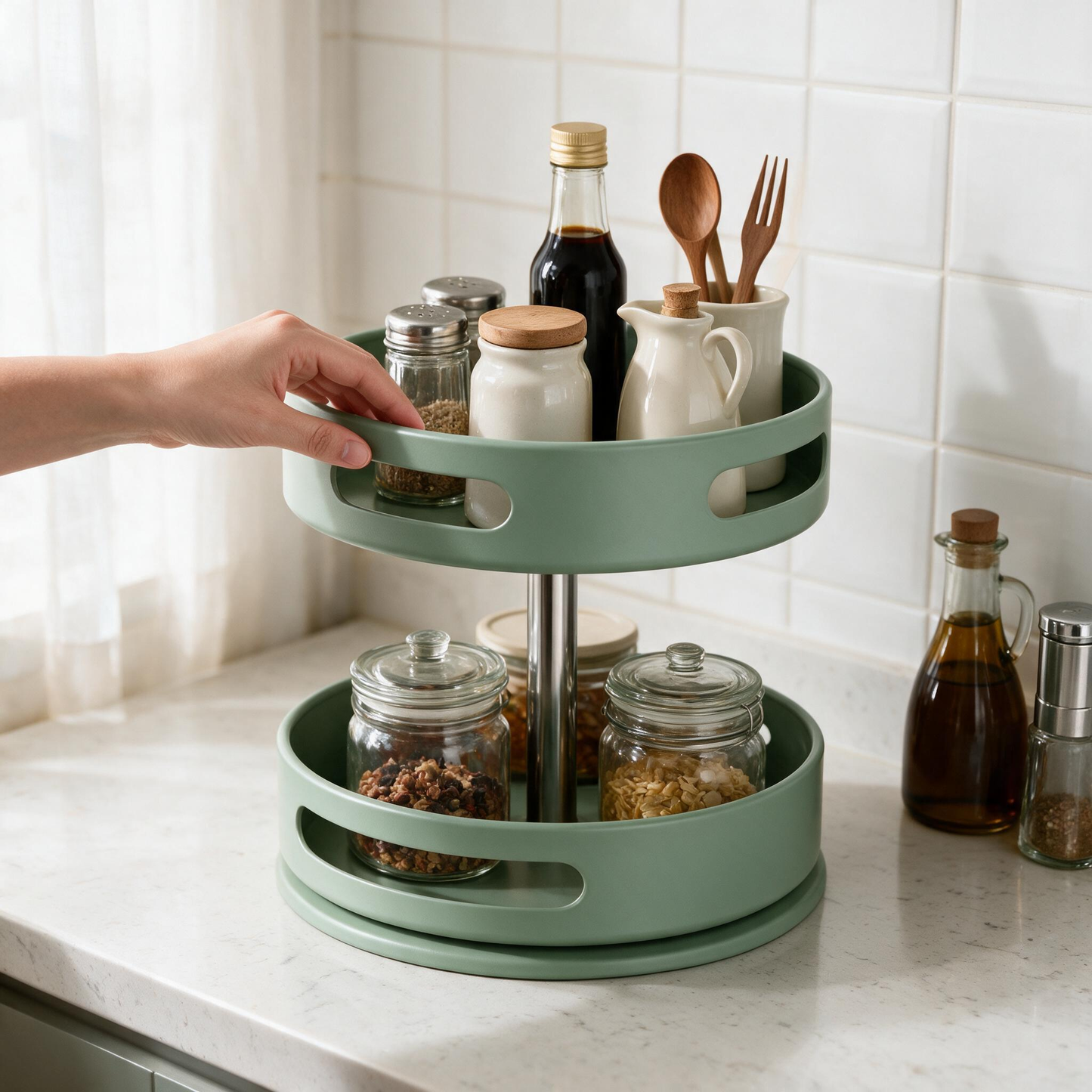 🌿 Spice Organizer | Metal Kitchen Cooks | Sage Rotating Design